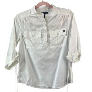 Obey white button up tie cinch 1/2 sleeve blouse 100% cotton woman's US6 small